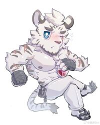Rule 34 | 1boy, abs, alcohol, animal ears, arknights, bandaged hand, bandages, bara, black bandages, blue eyes, blush, chibi, cup, facial scar, furry, furry male, hashtag only commentary, highres, holding, holding cup, male focus, mountain (arknights), multiple scars, muscular, muscular male, one eye closed, pants, pectorals, scar, scar across eye, scar on arm, scar on cheek, scar on face, shahubot, shoes, spiked shoes, spikes, tail, tiger boy, tiger ears, tiger stripes, tiger tail, topless male, weibo logo, weibo username, white background, white pants