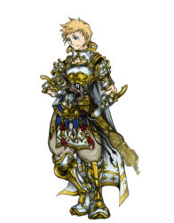 Rule 34 | 00s, 1boy, armor, blade, blonde hair, blue eyes, cape, final fantasy, final fantasy xii, full body, knight, male focus, prince, rasler heios nabradia, smile, solo, standing, sword, transparent background, weapon, white background