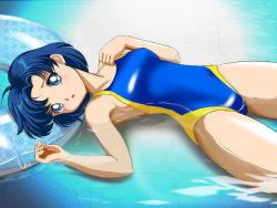 Rule 34 | 1990s (style), 1girl, bishoujo senshi sailor moon, blue eyes, blue hair, blue theme, competition swimsuit, earrings, innertube, jewelry, lying, matching hair/eyes, md5 mismatch, mizuno ami, one-piece swimsuit, pirochi, resolution mismatch, retro artstyle, shiny clothes, short hair, solo, source larger, submerged, swim ring, swimsuit, water