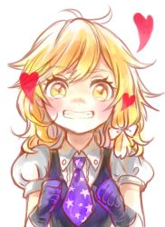 Rule 34 | 1girl, blonde hair, blush, bow, braid, clenched hands, clenched teeth, gloves, grin, hair bow, heart, kirisame marisa, long hair, looking at viewer, necktie, no headwear, no headwear, purple gloves, rosette (roze-ko), smile, solo, star (symbol), teeth, touhou, yellow eyes