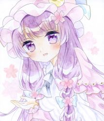 Rule 34 | 1girl, blue bow, blue ribbon, blush, bow, breasts, capelet, cherry blossoms, commentary, crescent, crescent hat ornament, floral background, flower, frilled capelet, frills, hair bow, hair flower, hair ornament, hair ribbon, hat, hat ornament, heart, highres, kagome f, long hair, long sleeves, looking at viewer, medium breasts, mob cap, open hand, open mouth, patchouli knowledge, pink background, pink flower, pink theme, purple bow, purple eyes, purple hair, ribbon, smile, solo, touhou, upper body, very long hair