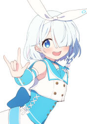 Rule 34 | 1girl, afnroll, alternate costume, arona (blue archive), belt, black background, blue archive, blue eyes, blue hair, blush, detached sleeves, glowing, hair over one eye, hairband, halo, highres, idol, idol clothes, long bangs, miniskirt, mischievous straight uniform (blue archive), multicolored hair, one eye closed, pink hair, short hair, simple background, skirt, smile, solo, triangle, two-tone hair, white background
