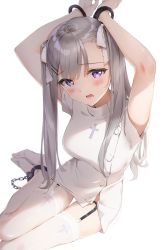 Rule 34 | 1girl, arms up, blunt bangs, blush, breasts, cuffs, garter belt, garter straps, grey hair, hair ornament, hair ribbon, hairclip, handcuffs, highres, kinako (shiratama mochi), lace, lace-trimmed legwear, lace trim, large breasts, long hair, looking at viewer, nurse, open mouth, original, purple eyes, restrained, ribbon, short sleeves, simple background, sitting, solo, thighhighs, twintails, twitter username, white background, white thighhighs