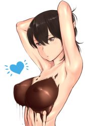 Rule 34 | 10s, 1girl, :/, ^^^, armpits, arms behind head, arms up, bad id, bad twitter id, blush, breasts, brown eyes, brown hair, chocolate, chocolate on body, chocolate on breasts, collarbone, dripping, expressionless, eyebrows, food on body, hair between eyes, half-closed eyes, heart, highres, inactive account, kaga (kancolle), kantai collection, large breasts, naked chocolate, nude, ribs, short hair, simple background, solo, tsurime, upper body, wa (genryusui), white background