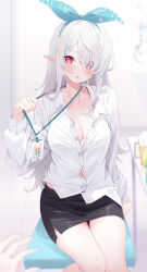 Rule 34 | 1girl, alcohol, alternate costume, beer, beer mug, black skirt, blonde hair, blush, bow, breasts, collar, collared shirt, cup, deyui, drooling, fairy, grey hair, hair between eyes, hair bow, hair ornament, heart, heart-shaped pupils, highres, id card, large breasts, long hair, looking at viewer, mug, multicolored hair, nijisanji, nijisanji en, open clothes, open mouth, partially unbuttoned, pencil skirt, pointy ears, pomu rainpuff, pomu rainpuff (3rd costume), red eyes, shirt, simple background, sitting, sitting on object, skirt, solo, streaked hair, symbol-shaped pupils, table, thigh gap, thighs, unbuttoned, unbuttoned shirt, virtual youtuber, white background, white shirt, wing collar