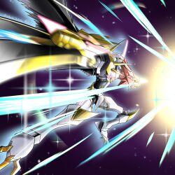 Rule 34 | absurdres, arm blade, blue eyes, cape, commentary request, digimon, digimon adventure: (2020), extra eyes, extra mouth, galaxy, glowing, glowing eyes, glowing horns, highres, horns, manchi kansuke, mecha, no humans, omegamon alter-s, robot, slashing, spikes, torn cape, torn clothes, twitter username, weapon