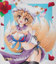 Rule 34 | 1girl, adapted costume, airbrush (medium), bad id, bad pixiv id, bikini, blonde hair, blue background, border, breasts, cleavage, collar, detached sleeves, fang, female focus, flower, fox tail, front-tie top, hands on own chest, hat, hat with ears, head tilt, hibiscus, large breasts, leaf, looking at viewer, marker (medium), millipen (medium), multiple tails, munmu, navel, ofuda, open mouth, petals, sample watermark, sarong, short hair, skindentation, smile, solo, swimsuit, tail, tassel, thighhighs, touhou, traditional media, watermark, yakumo ran, yellow eyes