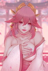 Rule 34 | 1girl, animal ears, bare shoulders, blurry, blurry background, breasts, choker, covering privates, covering breasts, fox ears, genshin impact, hair between eyes, japanese clothes, jewelry, large breasts, long hair, long sleeves, miko, nail polish, necklace, obi, pink hair, purple eyes, sash, solo, soranamae, upper body, vision (genshin impact), wide sleeves, yae miko