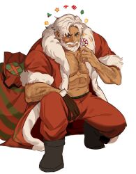 1boy arm_hair bara bare_pectorals beard black_footwear blue_eyes boots brk_603 candy candy_cane chest_hair coat commentary_request cookie_run cookie_run:_ovenbreak dark-skinned_male dark_skin eggnog_cookie facial_hair food full_beard fur-trimmed_coat fur_trim gloves grin highres holding holding_candy holding_candy_cane holding_food humanization korean_commentary large_pectorals male_focus mature_male mismatched_eyebrows muscular muscular_male mustache navel old old_man open_clothes open_coat pectorals sack santa_costume short_hair simple_background single_glove smile solo white_background white_hair