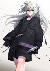 Rule 34 | 1boy, belt, black belt, black gloves, black jacket, black shirt, black shorts, blue eyes, brown belt, buckle, collarbone, commentary request, feet out of frame, from below, gloves, gradient background, green eyes, grey hair, heterochromia, highres, holding, holding knife, hood, hood down, jacket, knife, long hair, long sleeves, looking at viewer, male focus, open clothes, open jacket, original, parted lips, shirt, shorts, sleeves past wrists, solo, waka (shark waka), weapon