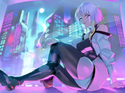 Rule 34 | 1girl, absurdres, bare shoulders, black bodysuit, bodysuit, breasts, cigarette, cityscape, cyberpunk (series), cyberpunk edgerunners, eyeliner, grey hair, highres, hip vent, holding, holding cigarette, jacket, large breasts, long sleeves, looking at viewer, lucy (cyberpunk), multicolored hair, negresco, off shoulder, open clothes, open jacket, purple eyes, red eyeliner, short hair, sidelocks, sitting, smoking, solo, white jacket