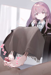 Rule 34 | 1boy, 1girl, absurdres, arknights, bar censor, barefoot, censored, closed mouth, collared shirt, feet, foot focus, footjob, halo, hetero, highres, holding, holding own hair, lemuen (arknights), long hair, long sleeves, luelue zi, penis, pink eyes, pink hair, precum, shirt, sitting, skirt, smile, solo focus, toes, two-footed footjob, wheelchair