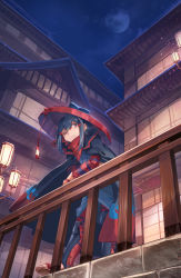 Rule 34 | 1girl, against railing, architecture, bad id, bad pixiv id, black cape, black hair, blue sky, cape, closed mouth, east asian architecture, full moon, hat, highres, kohari (shichigatsu), moon, one eye closed, original, outdoors, railing, red eyes, rice hat, sandals, shichigatsu, sky, smile, solo, standing