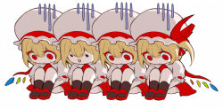 Rule 34 | 4girls, bikini, blonde hair, clone, depressed, dress, flandre scarlet, four of a kind (touhou), hat, hat ribbon, hugging own legs, kozou (soumuden), multiple girls, o3o, odd one out, red dress, red eyes, red footwear, ribbon, shirt, shoes, short sleeves, side-tie bikini bottom, simple background, swimsuit, touhou, white background, wings