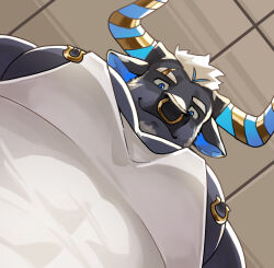 Rule 34 | 1boy, animal ears, bara, beard, cow ears, cow horns, facial hair, foreshortening, from below, full beard, furry, furry male, grey fur, highres, horns, large pectorals, looking at viewer, looking down, male focus, meme, minotaur, multicolored horns, muscular, muscular male, nipple piercing, nipple rings, nipple slip, nipples, nose piercing, nose ring, original, pectoral cleavage, pectoral focus, pectorals, photo-referenced, piercing, short hair, sidepec, solo, tank top, thick eyebrows, two-tone horns, upper body, white tank top, yur oc like this (meme), zoyu (wuedti)