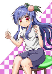 Rule 34 | 1girl, alternate costume, arms up, balloon, blue hair, blue shorts, breasts, checkered background, clenched hands, commentary request, feet out of frame, food-themed hair ornament, frown, furrowed brow, gym uniform, hair ornament, head tilt, highres, hinanawi tenshi, leaf hair ornament, long hair, looking at viewer, peach hair ornament, red eyes, shirt, short sleeves, shorts, sidelocks, sitting, sitting on object, sleeve cuffs, small breasts, solo, stool, sugiyama ichirou, touhou, very long hair, wavy mouth, white background, white shirt