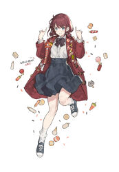 Rule 34 | 1girl, black skirt, blue eyes, brown hair, closed mouth, coat, commentary, cookie, copyright name, cross-laced footwear, english commentary, food, full body, girls band cry, hands up, high-waist skirt, ice cream, ice cream cone, iseri nina, leg up, macaron, open clothes, open coat, pinky out, popsicle, red coat, shirt, shirt tucked in, short hair, short twintails, simple background, skirt, socks, solo, starshadowmagician, twintails, white background, white shirt, white socks