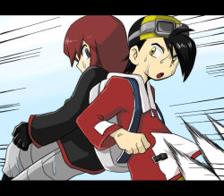 Rule 34 | 2boys, back-to-back, backpack, bad id, bad pixiv id, bag, black hair, creatures (company), ethan (pokemon), game freak, gloves, goggles, hood, hoodie, letterboxed, mato, multiple boys, nintendo, open mouth, pokemon, pokemon adventures, pokemon special anime, red hair, silver (pokemon), grey eyes, tpi ri, wet, yellow eyes