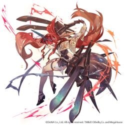 1girl black_shoes closed_mouth copyright_notice full_body glasses long_hair noire_(othellonia) official_art othellonia pointy_ears red_hair round_eyewear simple_background so-taro solo tail thigh_strap very_long_hair white_background