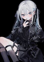 Rule 34 | 1girl, :o, black background, black bow, black shirt, blue eyes, bow, chain, choker, dot nose, ear piercing, earrings, finger to mouth, garter straps, grey socks, hair between eyes, hair bow, highres, jewelry, jirai kei, long hair, long sleeves, looking at viewer, nail polish, null1040, original, parted lips, piercing, ring, shirt, simple background, sitting, skinny, socks, solo, spiked thighlet, twintails, white hair