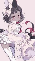 Rule 34 | 1girl, absurdres, animal ear fluff, animal ears, artist name, bow, braid, closed mouth, dark skin, hair bow, highres, jikuno, looking at viewer, original, red eyes, sleeves past fingers, sleeves past wrists, solo, thighhighs, white bow, white thighhighs