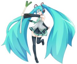 Rule 34 | 1girl, absurdly long hair, aqua eyes, aqua hair, arm behind back, black footwear, black skirt, black thighhighs, blush, boots, breasts, collared vest, daidaiiro, detached sleeves, embarrassed, hair ornament, hatsune miku, headphones, highres, holding, long hair, looking at viewer, necktie, nemokakkoii, open mouth, pleated skirt, simple background, skirt, small breasts, solo, spring onion, standing, standing on one leg, thigh boots, thighhighs, twintails, very long hair, vest, vocaloid, wavy mouth, white background, zettai ryouiki