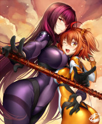 Rule 34 | 2girls, ;d, ahoge, arm around waist, ass, asymmetrical docking, blush, bodysuit, breast press, breasts, chaldea combat uniform, commentary, covered navel, fate/grand order, fate (series), fujimaru ritsuka (female), fujimaru ritsuka (female) (chaldea combat uniform), gae bolg (fate), hair ornament, hair scrunchie, hand on another&#039;s hip, hip focus, holding, holding weapon, large breasts, long hair, medium breasts, multiple girls, official alternate costume, okitakung, one eye closed, one side up, open mouth, orange bodysuit, orange eyes, orange hair, polearm, purple bodysuit, purple hair, red eyes, scathach (fate), scrunchie, short hair, side ponytail, smile, spear, thighs, weapon