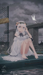 Rule 34 | 1girl, arm up, barefoot, blue eyes, breasts, bridge, bug, butterfly, chain-link fence, chihuri, cloud, cloudy sky, coat, commentary request, damaged, detached sleeves, dress, english text, fence, fingernails, flower, hair between eyes, hair flower, hair ornament, highres, insect, juliet sleeves, long hair, long sleeves, looking at viewer, medium breasts, original, outdoors, overcoat, parted lips, pink flower, pink rose, puffy sleeves, rose, silver hair, simple background, sitting, sky, sleeveless, sleeveless dress, sleeves past fingers, sleeves past wrists, solo, toenails, very long hair, water, white dress, white flower