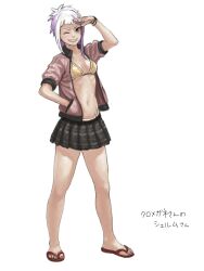 Rule 34 | 1girl, bare legs, bikini, black skirt, bracelet, breasts, character request, cleavage, copyright request, full body, grin, gufu (guffuumu), hand in pocket, hand up, jacket, jewelry, multicolored hair, navel, oekaki, one eye closed, pink jacket, plaid, plaid skirt, purple hair, red footwear, salute, sandals, short hair, sidelocks, simple background, skirt, sleeves rolled up, small breasts, smile, solo, standing, striped bikini, striped clothes, swimsuit, tachi-e, two-tone hair, white background, white hair, yellow bikini