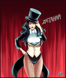 Rule 34 | 1girl, aceshadow, adjusting clothes, adjusting headwear, bad id, bad pixiv id, black hair, blue eyes, blush, breasts, character name, curtains, dc comics, earrings, fishnet pantyhose, fishnets, flower, hat, jdg, jewelry, justice league, leotard, lipstick, long hair, magician, makeup, pantyhose, rose, smile, solo, star (symbol), thigh gap, top hat, white flower, white rose, zatanna zatara
