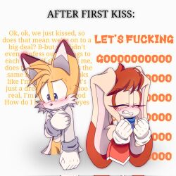Rule 34 | 1boy, 1girl, aged up, animal ears, animal nose, blush, closed eyes, commentary, cream the rabbit, english commentary, english text, fox boy, furry, furry female, furry male, gloves, hetero, highres, interspecies, lab coat, let&#039;s fucking go (meme), looking away, meme, nervous, rabbit girl, sonic (series), sweat, tails (sonic), teeth, wendy-san (ra fox), white gloves