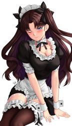Rule 34 | 1girl, absurdres, apron, black hair, black ribbon, black thighhighs, blue eyes, blush, commentary, fate/stay night, fate (series), hair ribbon, highres, huusri, long hair, looking at viewer, maid, maid apron, maid headdress, official alternate costume, ribbon, simple background, solo, thighhighs, tohsaka rin, twintails, white background, wrist cuffs