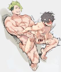 Rule 34 | 2boys, achilles (fate), anal, black hair, blue eyes, blush, censored, command spell, fate/grand order, fate (series), fujimaru ritsuka (male), green eyes, green hair, highres, male focus, male penetrated, motion blur, motion lines, multiple boys, muscular, muscular male, nipples, opan2, penis, sex, tattoo, yaoi