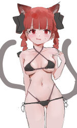 Rule 34 | 1girl, animal ear fluff, animal ears, bare shoulders, bikini, black bow, blunt bangs, blush, bow, braid, breasts, cat ears, cat tail, collarbone, cowboy shot, embarrassed, extra ears, gluteal fold, hair bow, hair ribbon, hand up, highres, kaenbyou rin, long hair, medium breasts, multiple tails, nekomata, parted lips, raised eyebrows, red eyes, red hair, reddizen, ribbon, simple background, skindentation, solo, straight-on, swimsuit, tail, thigh gap, touhou, tress ribbon, twin braids, two tails, white background