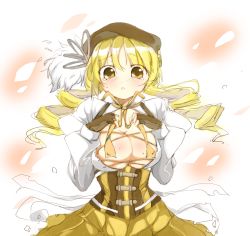 Rule 34 | 10s, 1girl, beret, blonde hair, breasts, center opening, cleavage, covered erect nipples, drill hair, female focus, fingerless gloves, gloves, hat, large breasts, long hair, magical girl, mahou shoujo madoka magica, mahou shoujo madoka magica (anime), nipple slip, nipples, puffy sleeves, solo, tears, tomoe mami, twin drills, white background, yellow eyes, zhu fun