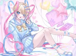 Rule 34 | 1girl, :d, arm support, balloon, blonde hair, blue bow, blue eyes, blue footwear, blue hair, blue nails, blue shirt, blue skirt, blush, bow, chouzetsusaikawa tenshi-chan, commentary, english commentary, full body, hair bow, hair ornament, hand up, heart, heart balloon, heart hair ornament, highres, holographic clothing, keyboard (computer), long hair, long sleeves, looking at viewer, melting, mokiette, monitor, multicolored hair, multicolored nails, nail polish, needy girl overdose, open mouth, pink bow, pink hair, pink nails, platform footwear, pleated skirt, purple bow, quad tails, sailor collar, school uniform, serafuku, shirt, sitting, skirt, smile, solo, star balloon, twintails, v, very long hair, yellow bow