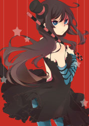 Rule 34 | 1girl, akiyama mio, bad id, bad pixiv id, bare shoulders, black hair, blue eyes, cane, detached sleeves, don&#039;t say &quot;lazy&quot;, dress, hat, k-on!, long hair, looking back, mini hat, mini top hat, mochizuki kei, pantyhose, red background, simple background, solo, top hat