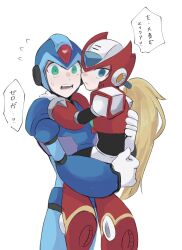 Rule 34 | 2boys, aged down, android, blonde hair, blue eyes, carrying, commentary, green eyes, helmet, highres, ktmckpp, long hair, looking at viewer, male focus, mega man (series), mega man x (series), multiple boys, simple background, sweatdrop, symbol-only commentary, translation request, white background, x (mega man), zero (mega man)
