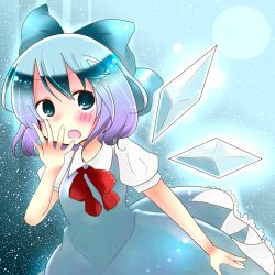 Rule 34 | 1girl, :o, bad id, bad pixiv id, blue eyes, blue hair, blush, bow, cirno, dress, gradient hair, hair bow, hand to own mouth, ice, lowres, matching hair/eyes, multicolored hair, open mouth, purple hair, rau tamatyan, short hair, short sleeves, solo, touhou, wings