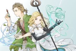 Rule 34 | 1boy, 1girl, alfyn (octopath traveler), blonde hair, cleric, dress, gloves, highres, jewelry, long hair, octopath traveler, octopath traveler i, open mouth, ophilia (octopath traveler), ponytail, priestess, rico ot, short hair, simple background, smile, staff, white background