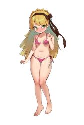 Rule 34 | 1girl, absurdres, bare arms, bare legs, barefoot, bikini, blonde hair, blush, body writing, bow, braid, breasts, breasts apart, brown bow, collarbone, crown braid, female focus, full body, groin, hair bow, highres, lobotomy corporation, long hair, looking at viewer, looking to the side, navel, parted lips, petite, pink bikini, project moon, simple background, small breasts, solo, standing, swimsuit, tally, tiphereth a (project moon), toenails, toes, warabi (rhtkfl03)