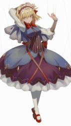 Rule 34 | 1girl, alice margatroid, alternate costume, arm behind head, arm up, blonde hair, blue dress, blue eyes, bow, breasts, brooch, capelet, corset, dress, eredhen, expressionless, full body, hair between eyes, hairband, hand up, highres, jewelry, jpeg artifacts, layered dress, long sleeves, looking at viewer, mary janes, multicolored clothes, multicolored dress, parody, parted lips, puppet strings, purple dress, red footwear, shoes, short hair, simple background, small breasts, solo, striped, striped sleeves, style parody, touhou, white background, white legwear