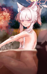 Rule 34 | 1girl, :d, absurdres, akira (blue archive), animal ears, bathing, blue archive, blush, breasts, cat ears, cat girl, commentary request, completely nude, full moon, halo, highres, looking at viewer, looking back, looking to the side, medium breasts, moon, naughty face, nude, onsen, open mouth, outdoors, partially submerged, pink hair, purple eyes, sideboob, sitting, slit pupils, smile, solo, underboob, washing, wet, wimawi