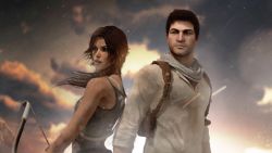 Rule 34 | 1boy, 1girl, bow (weapon), brown eyes, brown hair, crossover, dirty, epic, highres, jewelry, lara croft, long hair, nathan drake, naughty dog, necklace, rain, realistic, scar, scarf, short hair, sky, tank top, tomb raider, tomb raider (reboot), uncharted, weapon