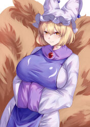Rule 34 | 1girl, absurdres, blonde hair, blush, breasts, closed mouth, commentary request, dress, fox tail, hands in opposite sleeves, hat, highres, large breasts, long sleeves, looking at viewer, mirufui, mob cap, multiple tails, official alternate costume, orange eyes, purple tabard, short hair, simple background, smile, solo, tabard, tail, touhou, white background, white dress, white hat, yakumo ran