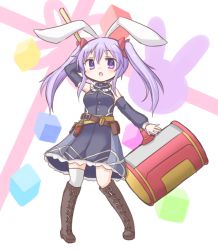 Rule 34 | 1girl, :o, alternate costume, animal ears, arm behind head, bare shoulders, belt, belt pouch, blush, boots, commentary, cross-laced footwear, detached sleeves, dress, erina (rabi-ribi), frilled shirt collar, frills, frr (akf-hs), full body, hair ribbon, highres, knee boots, long hair, looking at viewer, mallet, open mouth, pouch, purple eyes, purple hair, rabbit ears, rabi-ribi, ribbon, simple background, single thighhigh, solo, thighhighs, twintails, white thighhighs
