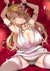 Rule 34 | 1girl, armlet, black panties, blonde hair, blue eyes, bound, bound wrists, breasts, cameltoe, chain, chained, choker, circlet, cleavage, collarbone, dress, elf, flower, hair flower, hair ornament, highres, kuurunaitsu, large breasts, long hair, long pointy ears, lying, on back, original, panties, pointy ears, short dress, sleeveless, sleeveless dress, solo, spread legs, thighhighs, underwear, white dress, white thighhighs