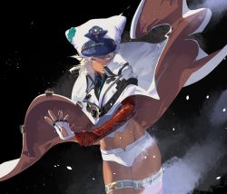 Rule 34 | 1girl, arc system works, black background, brown eyes, closed mouth, cofffee, cowboy shot, dark-skinned female, dark skin, groin, guilty gear, guilty gear strive, hat, looking at viewer, ramlethal valentine, short shorts, shorts, snow, snowing, solo, standing, thigh strap, white hair, white hat, white shorts