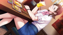 Rule 34 | 1girl, alcohol, bare legs, beer, breasts, brown eyes, brown hair, chair, chopsticks, cup, drink, earrings, food, game cg, glasses, hair ornament, hairclip, highres, jewelry, large breasts, legs, crossed legs, looking at viewer, mihara aika, p/a: potential ability, sei shoujo, short hair, sitting, skirt, smile, table, thighs, watch, wristwatch