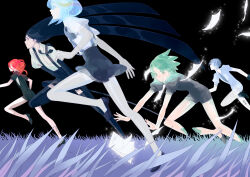 Rule 34 | 5others, absurdres, amputee, androgynous, antarcticite, aqua hair, black footwear, black hair, black necktie, black thighhighs, blue hair, bob cut, bort, catching, charging forward, cinnabar (houseki no kuni), colored skin, diamond (houseki no kuni), double amputee, field, flying paper, gem uniform (houseki no kuni), glowing, grass, green eyes, green hair, grey hair, high heels, highres, holding, holding sword, holding weapon, houseki no kuni, long hair, looking ahead, looking down, multiple others, necktie, night, night sky, notepad, oo0mog0oo, open mouth, other focus, outstretched arms, pale skin, paper, phosphophyllite, profile, puffy short sleeves, puffy sleeves, red hair, running, severed limb, shirt, shoes, short hair, short sleeves, shorts, skort, sky, sparkle, suspender shorts, suspenders, sword, thighhighs, translucent hair, tripping, very long hair, weapon, white shirt, white shorts, white skin